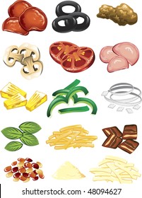 Illustration of different pizza toppings and cheese.