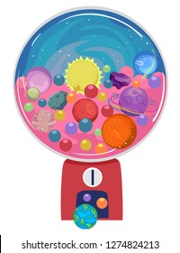 Illustration of Different Planets, the Sun and Other Elements in the Outer Space Coming Out as Candies from a Candy Slot Machine