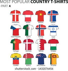 Illustration of different popular country flag t-shirts.