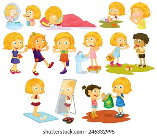 Illustration of different poses of a blond hair girl