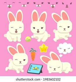 Illustration of different poses of a Bunny Character with Props