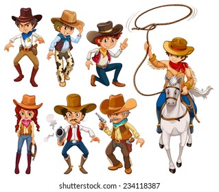 Illustration of different poses of cowboys