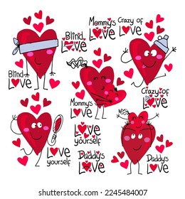 Illustration of different positions of a heart representing different types of love, Valentine's drawings