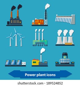 Ilustración con diferentes iconos de centrales eléctricas en estilo plano