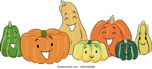 Illustration of Different Pumpkin Mascots in Green, Orange and Yellow Colors