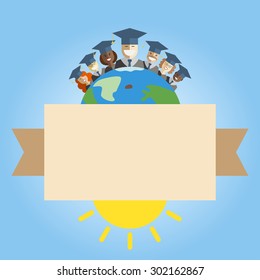 Illustration of different races men and women graduates standing on the top of the earth. Multinational world graduation concept. Back to school union idea template with place for text.