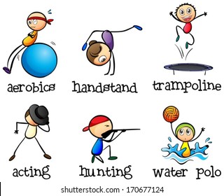 Illustration of the different recreational activities on a white background