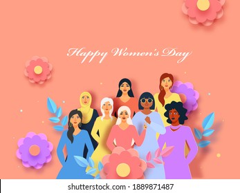 Illustration Of Different Religion Female Group With Paper Flowers, Leaves On Peach Background For Happy Women's Day Concept.