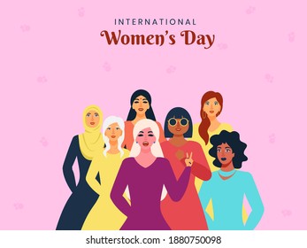 Illustration Of Different Religions Female Group On Pink Background For International Women's Day Concept.