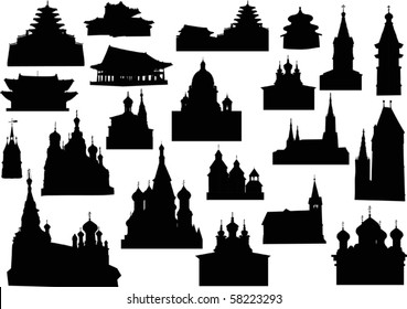 illustration with different religious buildings isolated on white background