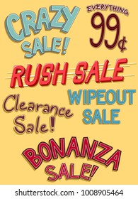 Illustration of Different Sale Labels like Crazy, Everything Ninety Nine, Rush,  Clearance, Wipe Out and Bonanza Sale
