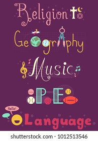 Illustration of Different School Subjects like Religion, Geography, Music, Physical Education and Language for Book Label or for the Library