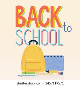 Illustration of different school supplies, yellow backpack and sign Back to school on the background. Notebook, pen, pencil, highlighters or markers and eraser.