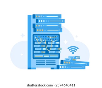 Illustration of different servers and Wi-Fi symbol in flat style.