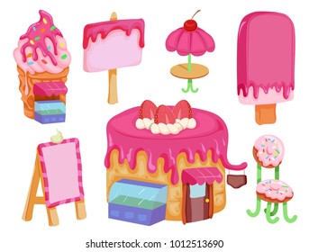 Illustration of Different Shops in Sweet Pink from Sundae, Cake, Chair, Table, Signage, Popsicle and Board