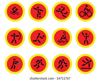 Illustration of different sport icons, in red and yellow background representing the colors of the Chinese flag