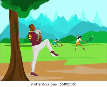 Illustration of different sports players on nature background.