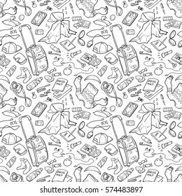 Illustration of different stuff for tours and trips. Seamless pattern for coloring. Black and white, anti-stress. Adult and children coloring books.