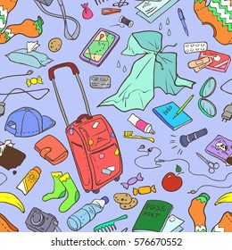 Illustration of different stuff for tours and trips. Seamless pattern, colored elements on violet background.