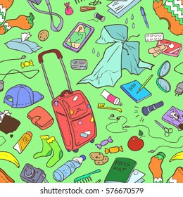 Illustration of different stuff for tours and trips. Seamless pattern, colored elements on green background.