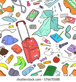 Illustration of different stuff for tours and trips. Seamless pattern, colored elements on white background.