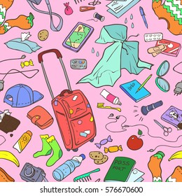 Illustration of different stuff for tours and trips. Seamless pattern, colored elements on pink background.