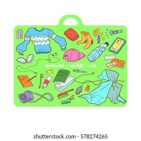 Illustration of different stuff for tours and trips inside green suitcase shape. Group of colored elements on white background.