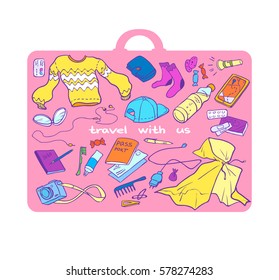 Illustration of different stuff for tours and trips inside pink suitcase shape. Group of colored elements on white background.