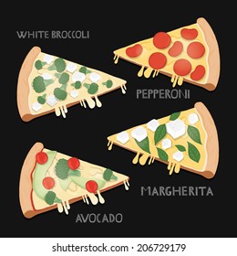 Illustration of different style pizza slices. 