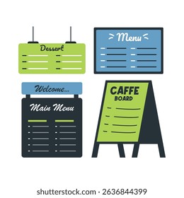 Illustration of different styles of cafe and restaurant menu boards and signs, including dessert menu, main menu, and cafe board for display purposes.