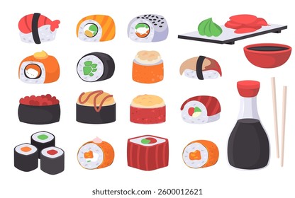 Illustration of different sushi and rolls. Vector set in a flat style
