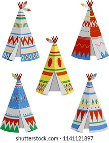 Illustration of Different Teepee Designs In Blue, Red, Gray, Yellow and Green