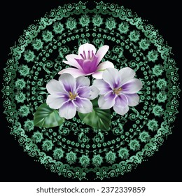 ilustración con tres flores diferentes en círculo verde decoración en negro
