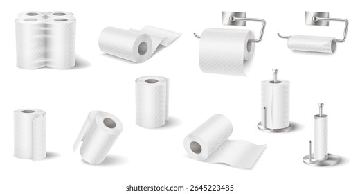 Illustration of different toilet paper roll configurations. Clean and realistic style. White color palette. Represents household essentials and hygiene. Suitable for bathroomrelated designs.
