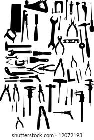 illustration with different tools silhouettes isolated on white background