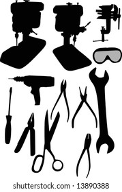 illustration with different tools silhouettes isolated on white background