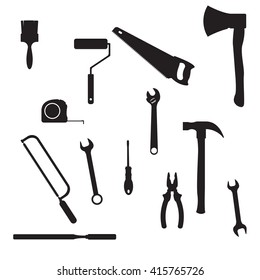 illustration with different tools silhouettes isolated on white background
