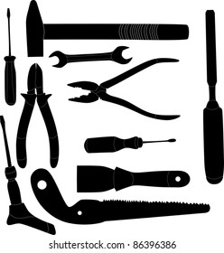 Illustration mit verschiedenen Tools, Silhouetten einzeln auf weißem Hintergrund