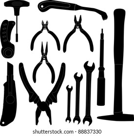 illustration with different tools silhouettes isolated on white background