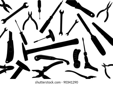 illustration with different tools silhouettes isolated on white background