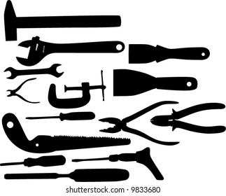 illustration with different tools silhouettes isolated on white background
