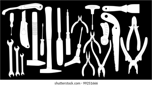 illustration with different tools silhouettes isolated on black background