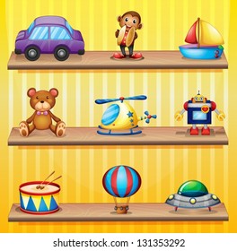 Illustration of the different toys arranged at the wooden shelves