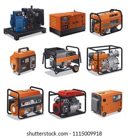 illustration of different type of industrial and small power generators