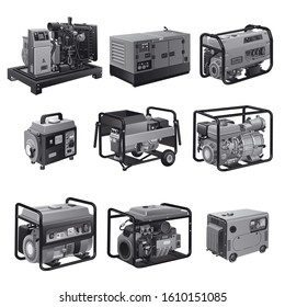 illustration of different type of industrial and small power generators in a grayscale color