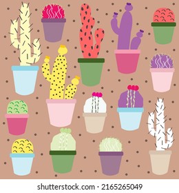 Ilustración de diferentes tipos de cactus sobre un fondo marrón
