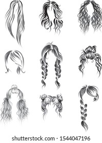 An Illustration Of Different Types Of Hair, Hairstyles, 
Straight Hair, Curles, Pigtail, Long, Short, Hair Bun