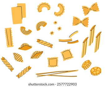 An illustration of different types of pasta. Italian macaroni set. Isolated on white