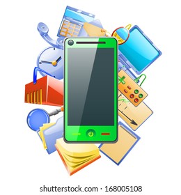 illustration of different types of things to do with your smartphone such as play, note, save, calculate, time, buy, magnifier, calendar, listen music, send and receive mail, work with computer and other