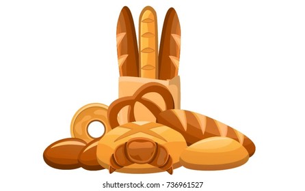 Illustration with different types of vector bread -french baguette, ciabatta, traditional, bagel, small bread, rolls, pretzel isolated on white background